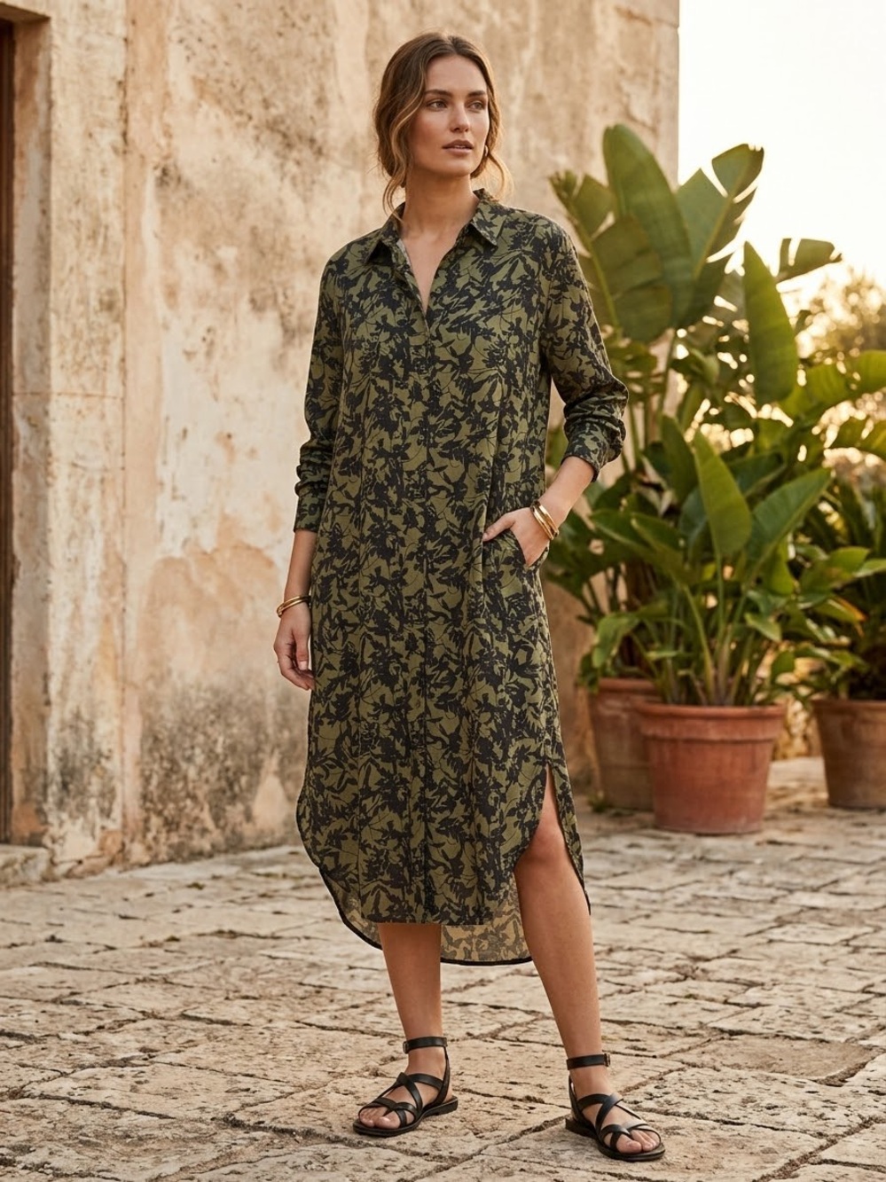 Nordstrom Olive and Black Long-Sleeve Floral Shirt Dress